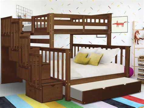 Bedz King Stairway Bunk Beds Twin over Full with 4 Drawers in the Steps and a Twin Trundle ...