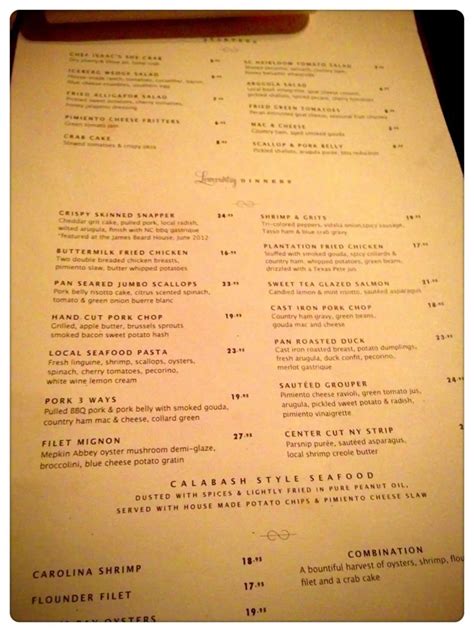 Menu at Poogan's Porch restaurant, Charleston