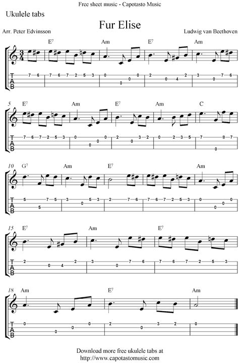 Free Sheet Music Scores: Fur Elise, free ukulele tabs sheet music | Ukulele tabs, Ukulele songs ...