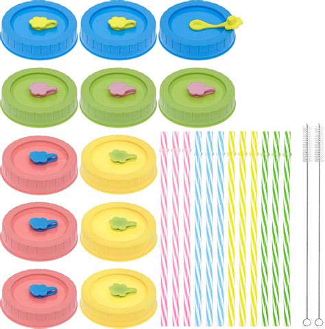 Amazon.com: Regular Mouth Mason Jar Lids with Straw Hole/Stoppers/Silicone Rings/Cleaning Brush ...