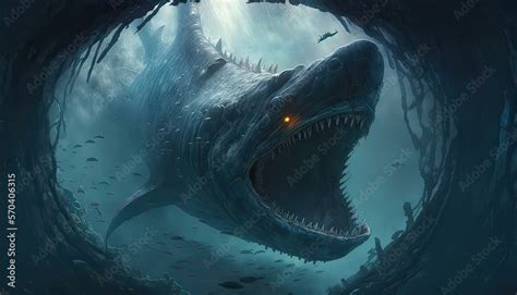 Leviathan swims in deep ocean trench. Illustration fantasy by ...