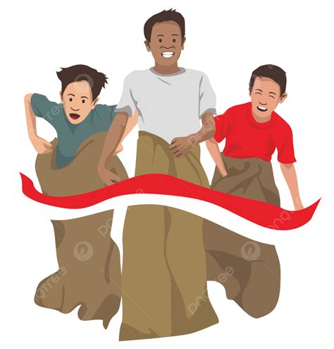 Indonesia Independent Day Vector Hd PNG Images, Three Kids Sack Race Celebrating Indonesia ...