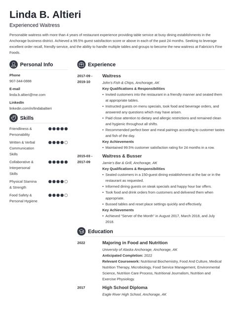 Waitress Resume Examples, Skill List, and How-To Guide