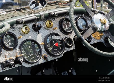 Vintage Blower Bentley interior at classic car show in the Cotswolds. Broadway, Worcestershire ...