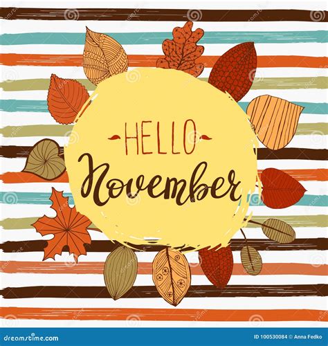 Hello November Autumn Flyer Template with Lettering. Bright Fall Leaves. Poster, Card, Label ...