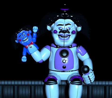 a blue and purple robot sitting on top of a table next to a stuffed animal