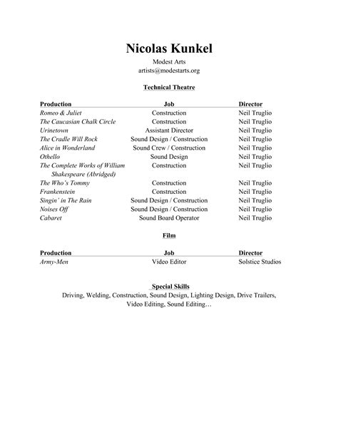 Technical Theatre Resume | Templates at allbusinesstemplates.com | Resume template word, Resume ...