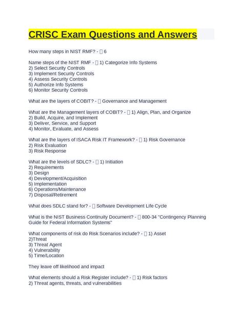 CRISC Exam Questions and Answers. | Exams Nursing | Docsity