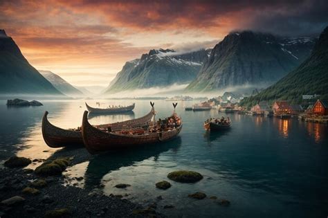 Premium AI Image | Nordic Saga Viking Ships at Twilight