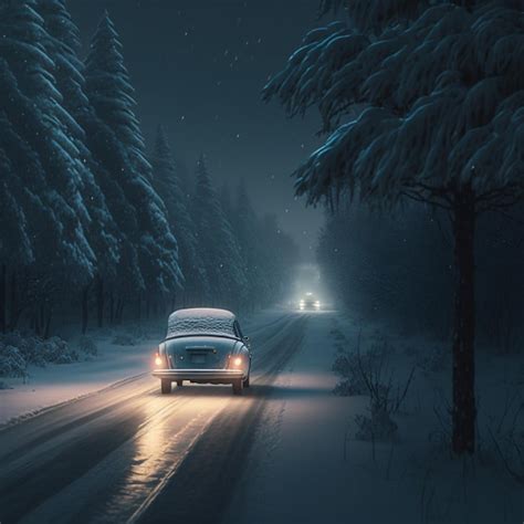 Premium AI Image | there is a car driving down a snowy road at night ...