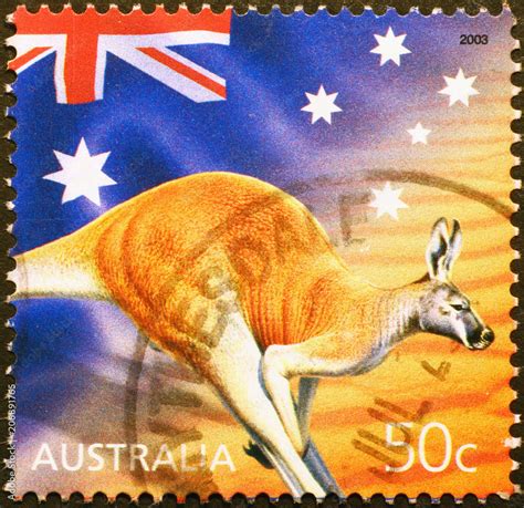 Australian flag & red kangaroo on postage stamp Stock Photo | Adobe Stock