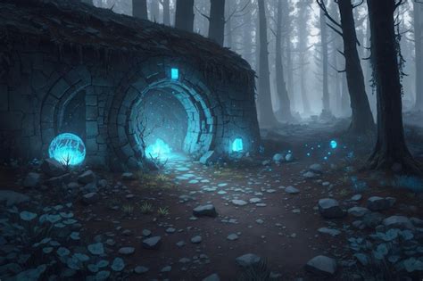 Premium AI Image | A dark forest with a cave with blue lights and a ...