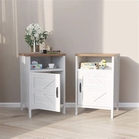 DEVOKO Farmhouse Nightstand Set of 2, White Nightstand Table with Barn