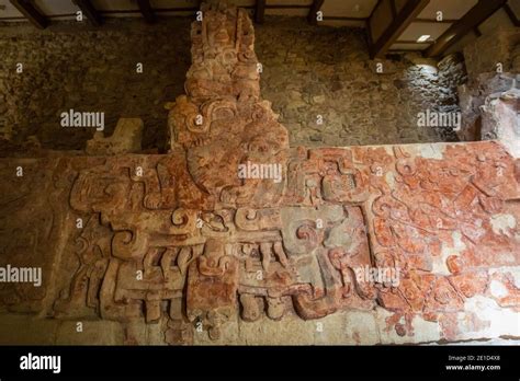 Closeup view of an ancient Mayan frieze in the ruins of Balamku, Mexico ...