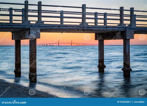 Fishing Pear Frames the Skyway Bridge from Fort DeSoto in Florida Stock Image - Image of lamps ...