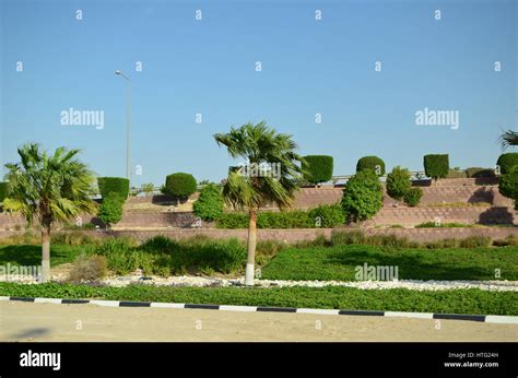 Beautiful roadside landscaping at a overpass junction on a highway ...