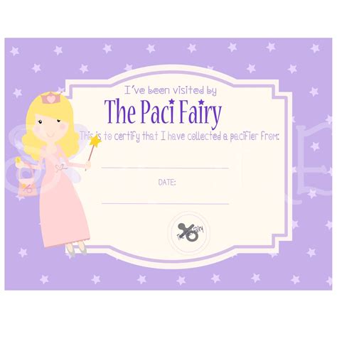 SALE Paci Pacifier Fairy Certificate Digital Printable Instant