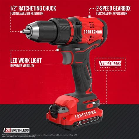 CRAFTSMAN V20 20-Volt Max 1/2-in Brushless Cordless Drill (Battery and ...