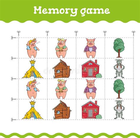 Memory Game Education Games with Three Little Pigs. Preschool or Kindergarten Worksheet. Vector ...