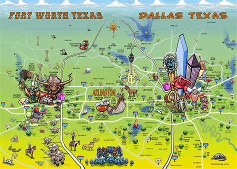 Dallas Fort Worth Cartoon Map Painting by Kevin Middleton