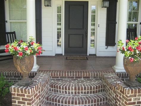 Brick Front Porch Steps With Ideas Entrance And Twin Pots | Brick porch, Front porch steps ...