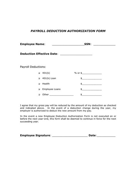 Payroll deduction authorization form in Word and Pdf formats