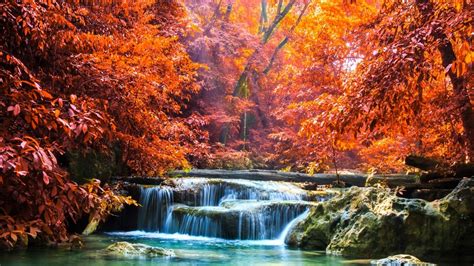 Landscape View Of Colorful Autumn Leafed Trees And Waterfall Between Rocks Pouring On River With ...