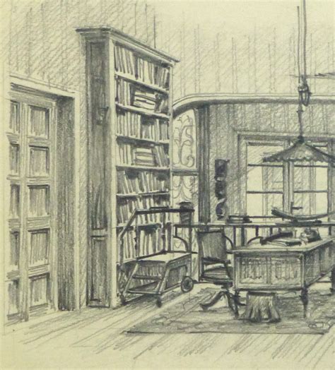 Pencil Drawing Private Library Interior, circa 1950