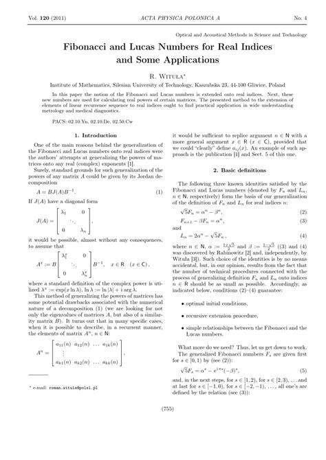 (PDF) Fibonacci and Lucas Numbers for Real Indices and Some Applications