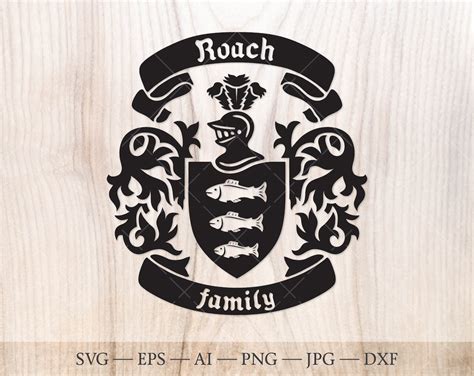 Roach Family Crest. Coat of Arms Svg. Heraldic Shield With Three Fish, Ribbon Banners SVG. - Etsy