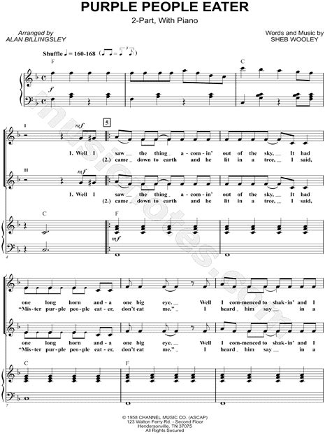 Sheb Wooley "Purple People Eater" Piano/Vocal/Chords Choral Sheet Music in F Major - Download ...