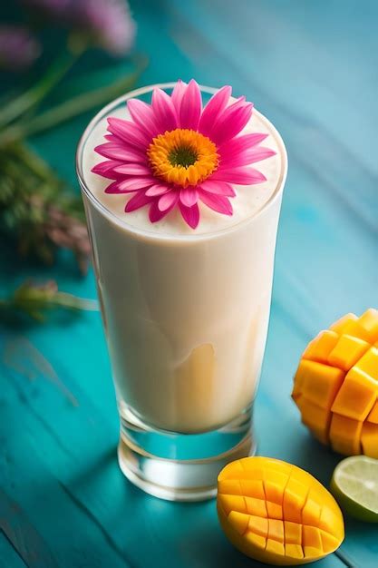 Premium AI Image | Mango smoothie with a pink flower on top