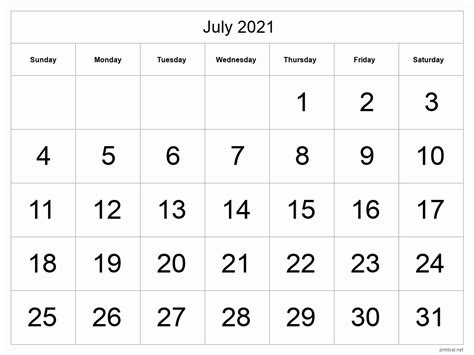 Printable July 2021 Calendar - Big Dates