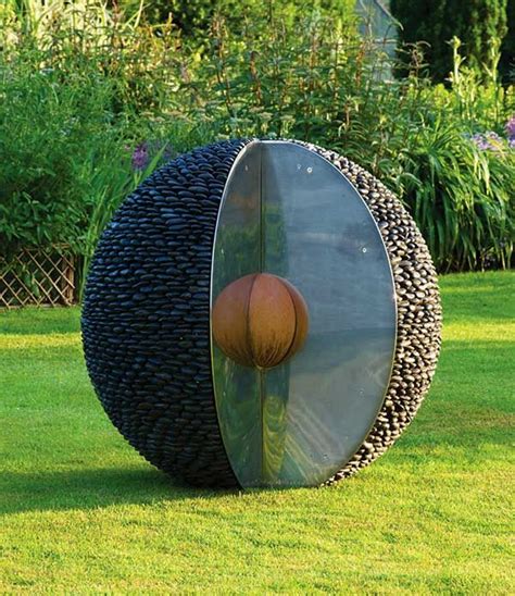 Garden Sphere Sculpture: Black Stone Outdoor Spheres with Stainless ...