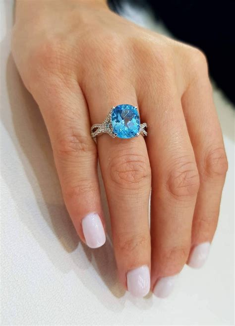 5.50ct Cushion Blue Topaz Engagement Ring 0.66 Carat Round Diamond in ...