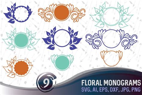 9 Floral Monograms Bundle SVG, DXF, JPG, PNG, DWG, AI, EPS