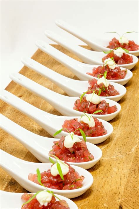 Canapés - Tuna tartare with wasabi cream. | Canapes, Food, Catering