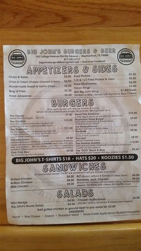 Big John's Burgers Menu, Menu for Big John's Burgers, Weatherford, Weatherford - Urbanspoon/Zomato