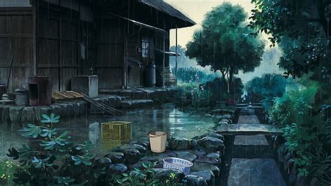 HD wallpaper: rain, trees, bucket, anime, house, outdoors | Wallpaper Flare