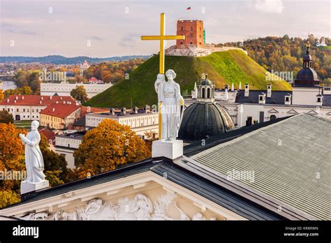 Lithuania, Vilnius, Vilnius cathedral roof with cityscape in background ...