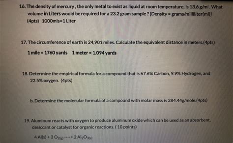 Solved 16. The density of mercury, the only metal to exist | Chegg.com