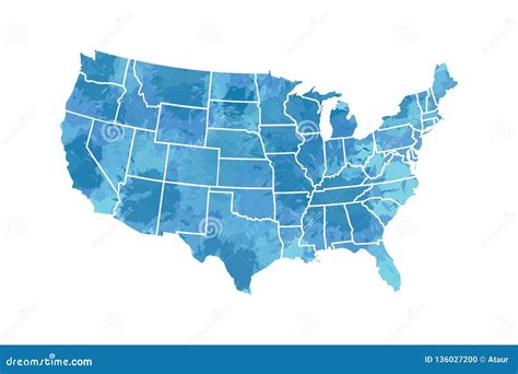 Watercolor USA Map Vector in Blue Painting Color with Borders of the States on White Background ...