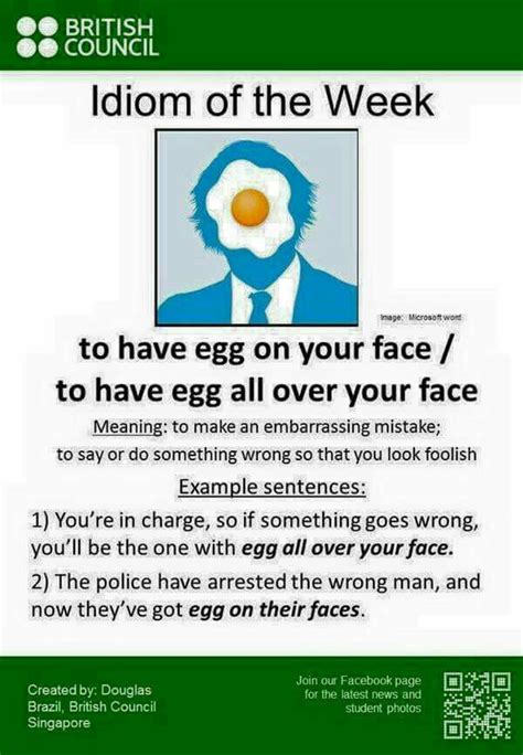 a poster with an egg on it that says,'idiom of the week to have eggs on your face / to have egg ...