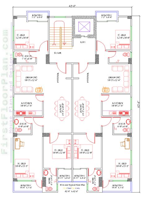 7 Storey Apartment Building Plan and Elevation | 42 X 62 - First Floor Plan - House Plans and ...