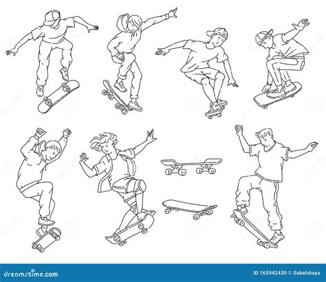 Teenage Boys Doing Skateboard Tricks - Black and White Line Art Drawing ...