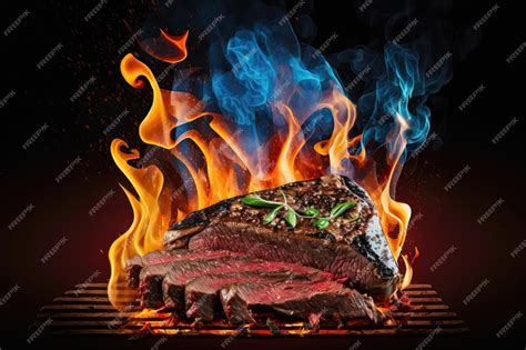 Premium AI Image | Flank steak on grill with smoke and flames rising ...