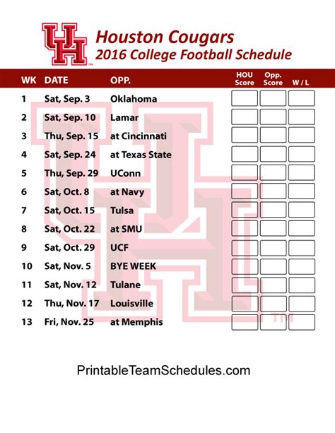 Printable Houston Cougars Football Schedule 2016 | College football schedule, Houston cougars ...