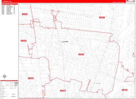 Lynwood California Zip Code Wall Map (Red Line Style) by MarketMAPS - MapSales