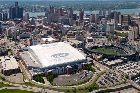 Detroit Skyline Aerial Stadiums | Detroit skyline, Detroit neighborhoods, Detroit michigan