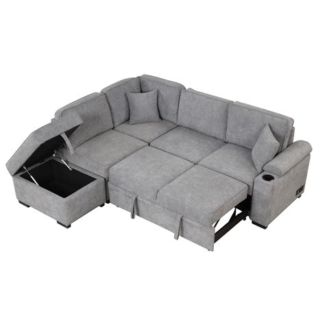 Convertible L-Shaped 5-Seat Sectional Sofa with Sleeper, Storage, and ...